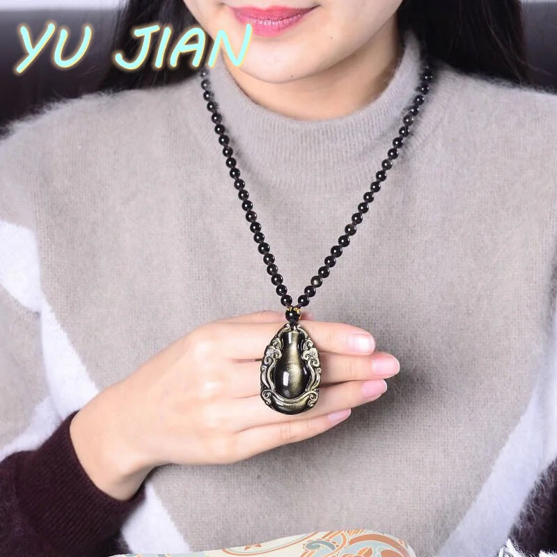 Pingente de Vaso de Obsidiana Fina, Colar Natural Preto e Dourado com Corrente de Pérolas, Joias de Moda para Casais