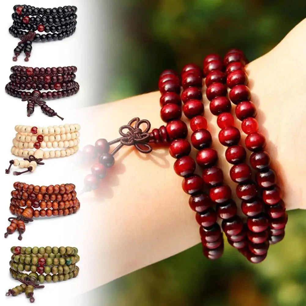 Terço de Contas Budistas de Sândalo Vermelho Estilo Chinês com Folha Pequena, Pulseira e Colar de Contas Multicamadas com Laca para Homens e Mulheres