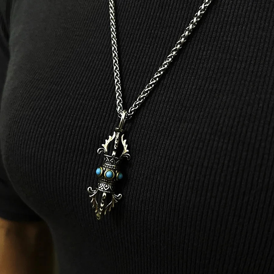 Pingente vajra retrô para homens e mulheres, conjunto com colar de turquesa, pingente de rei com tendência nacional para homens