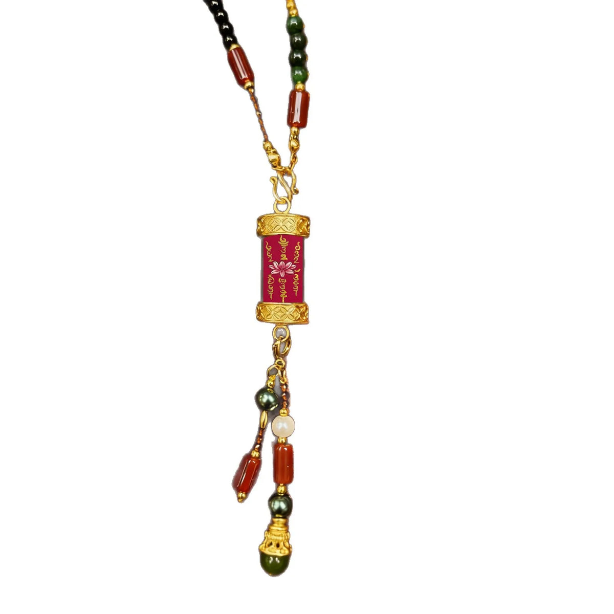 Colar Tibetano Tradicional Pintado à Mão com Sutra do Coração de Lótus, Amuleto Retrô Étnico da Sorte e Fortuna com Ágata