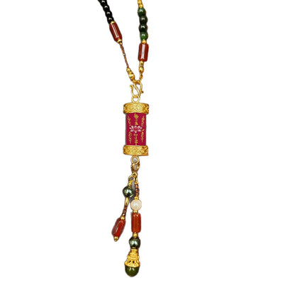 Colar Tibetano Tradicional Pintado à Mão com Sutra do Coração de Lótus, Amuleto Retrô Étnico da Sorte e Fortuna com Ágata