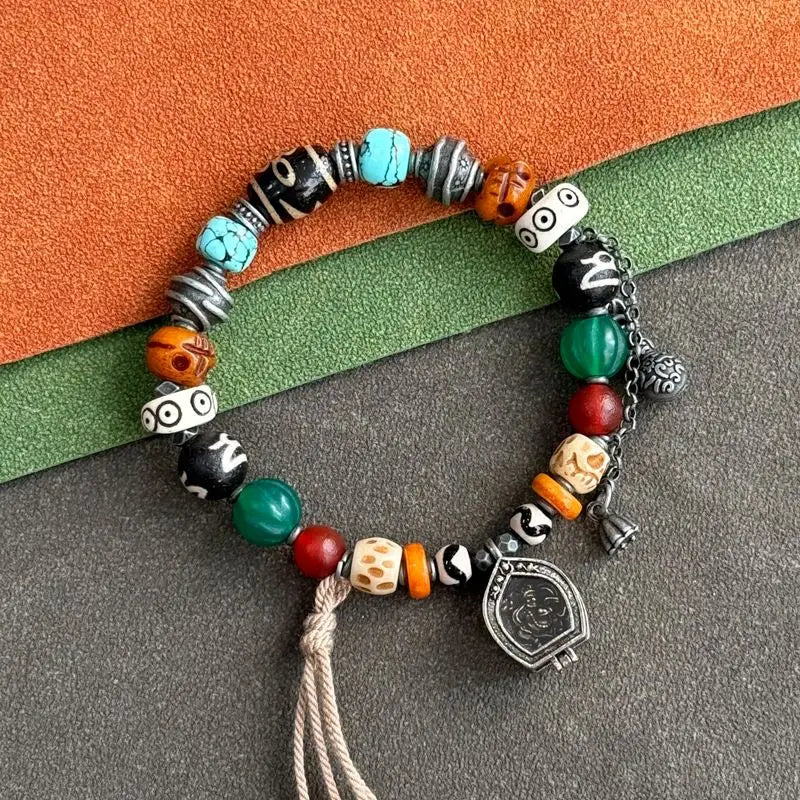 Pulseira de Bênção Estilo Tibetano Tradicional com Osso de Yak, Osso de Camelo, Conta Dzi, Turquesa, Ágata, Estrela, Lua e Bodhi - Joia da Sorte e Fortuna