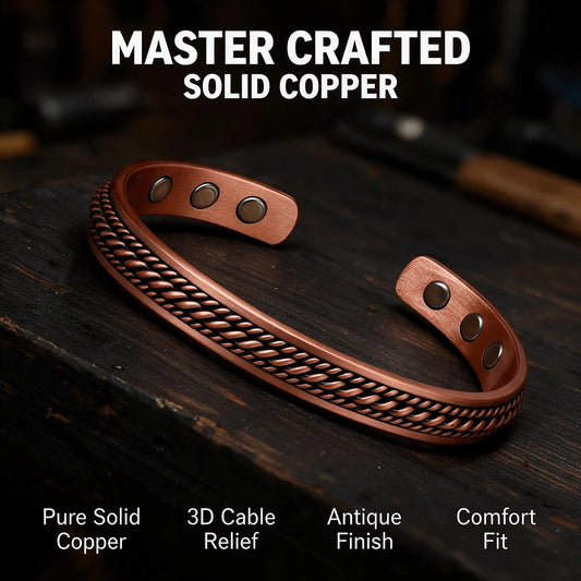 Pulseira Magnética de Cobre Puro para Homens e Mulheres, Bracelete Trançado Aberto, Tamanho Ajustável, Joia de Moda Vintage Unissex, Presente