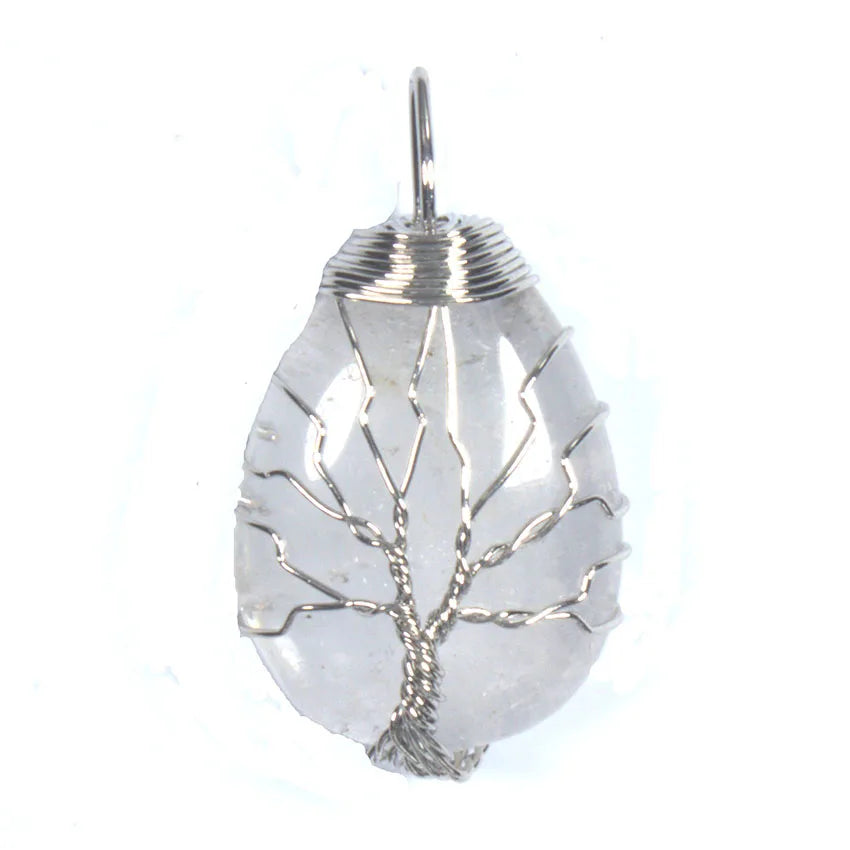 Pingente de Ágata com Cristais de Cura em Quartzo Rosa e Ametista Roxa Natural, com Design de Árvore da Vida e Gota de Água, Enrolado em Arame, Joia para Mulheres