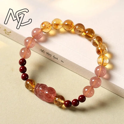 Pulseira de Quartzo Morango Natural com Pixiu e Contas de Citrino, Amuletos Artesanais, Joias da Moda, Presentes para Mulheres