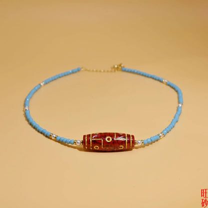 Colar de contas Dzi vermelhas da sorte em estilo chinês, colar de contas turquesa para mulheres, joias étnicas para bênção da fortuna, presente para uso diário.