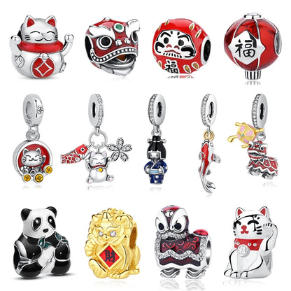 Charms Originais de Prata Esterlina 925, Pingente de Gato da Sorte, Boneca Japonesa, Presente de Ano Novo, Pulseiras e Colares para Mulheres, Joias