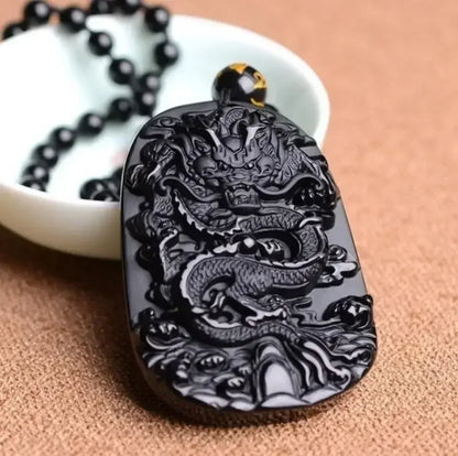 Colar com pingente de fofoca de obsidiana, escultura em forma de dragão e fênix, amuleto da sorte, joias de pérola mantra de seis caracteres