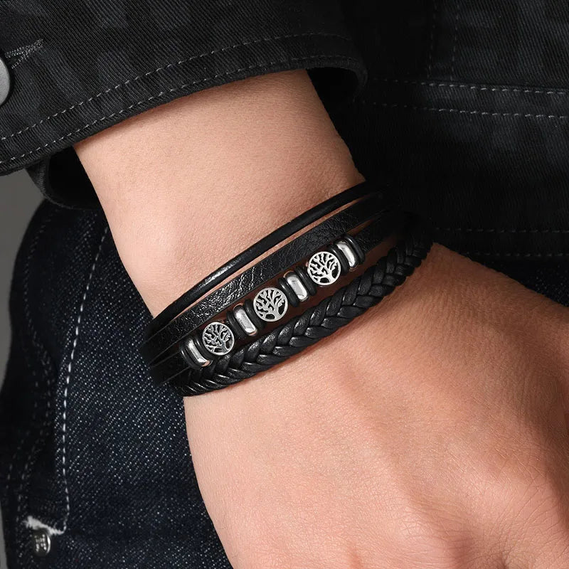 Clássico artesanal pulseiras de couro para homens sorte vida árvore charme em camadas manguito pulseira masculina mão jóias acessórios