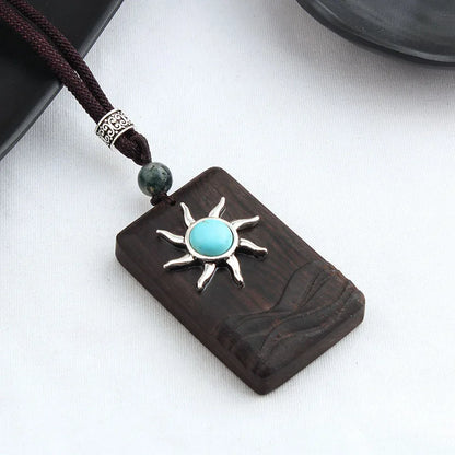 Colar longo com pingente de madeira de ébano, estilo chinês, feito à mão, com design retro, para mulheres, ideal para usar com blusas de tricô, com cordão encerado, joia de estilo étnico boho, para uso diário.