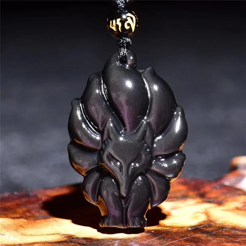 Natural chinês arco-íris olho obsidian mão esculpida nove cauda pingente de raposa moda jóias masculino e feminino colar presente popular
