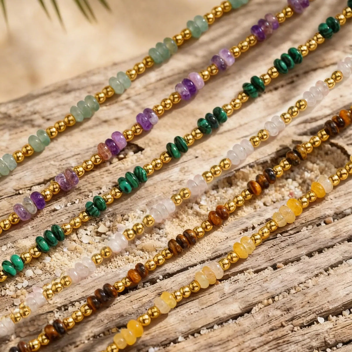 Pulseira de Corrente com Fechos OT e Contas Espaçadoras Pequenas de Pedra Natural Vnox para Mulheres, Pulseiras de Ametistas, Malaquita e Aventurina Verde