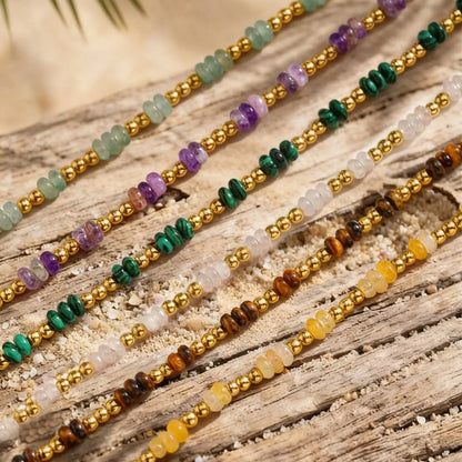 Pulseira de Corrente com Fechos OT e Contas Espaçadoras Pequenas de Pedra Natural Vnox para Mulheres, Pulseiras de Ametistas, Malaquita e Aventurina Verde