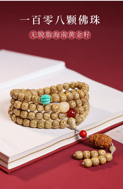 Pulseira de Contas 108 Sementes de Bodhi Douradas Naturais Envelhecidas Estrela e Lua, Contas de Oração Wenwan Mala para Homens e Mulheres, Joia para Alívio do Estresse, Presente