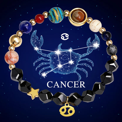 Pulseira do Sistema Solar com 12 Constelações, Pulseira de Pedra Natural, Pulseira de Pedra Preta, Design Planetário, Moda para Uso Diário