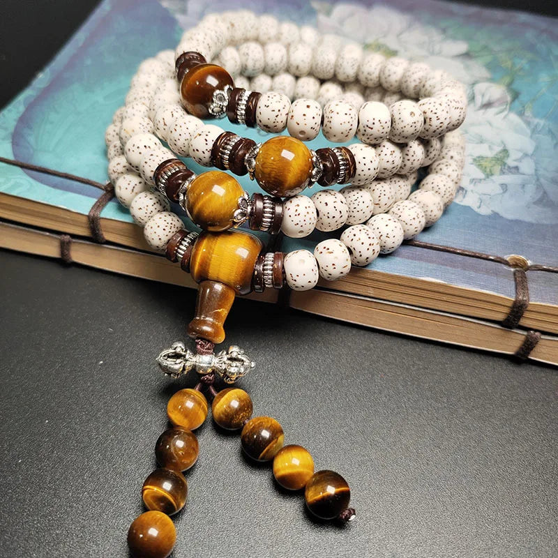 Pulseira e colar de contas de oração com pedra olho de tigre e estrela e lua, semente de Bodhi de Hainan, 108, unissex, budista
