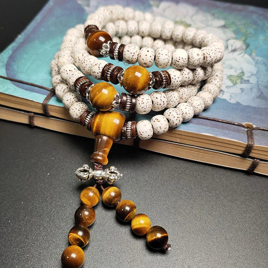 Pulseira e colar de contas de oração com pedra olho de tigre e estrela e lua, semente de Bodhi de Hainan, 108, unissex, budista