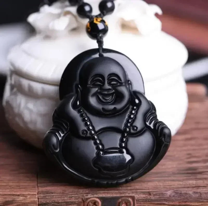 Colar com pingente de fofoca de obsidiana, escultura em forma de dragão e fênix, amuleto da sorte, joias de pérola mantra de seis caracteres