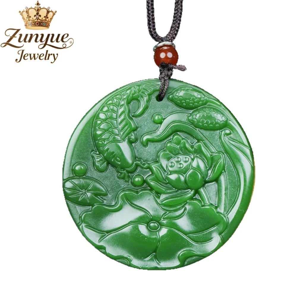Pingente de Lótus Esculpido em Jaspe Hetian Natural Verde Espinafre com Peixe Koi, Joia de Moda Exquisita, Estilo Étnico, Presente de Férias de Alta Qualidade