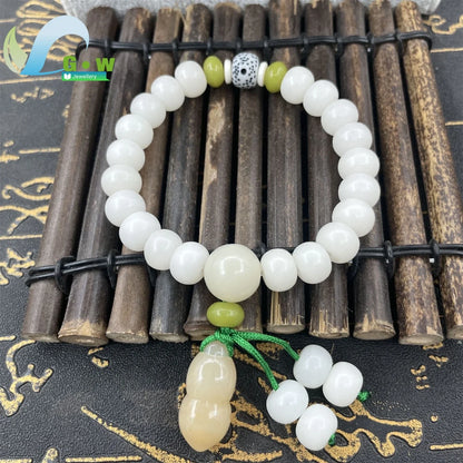 Pulseira Budista de Sementes Bodhi de Jade Branco Natural Ajustável com Contas de Lótus, Joia de Meditação Zen, Presente Artesanal Espiritual para Homens e Mulheres