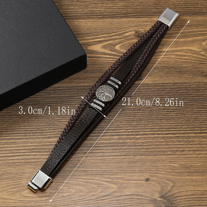 Pulseiras de couro feitas à mão para homens, pingente de árvore da vida da sorte, punk, em camadas, pulseira masculina, acessórios de joias de mão