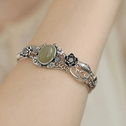 925 prata vintage flor de lótus koi pulseiras para mulheres oco esculpido natural hotan jade verde pulseira banquete jóias