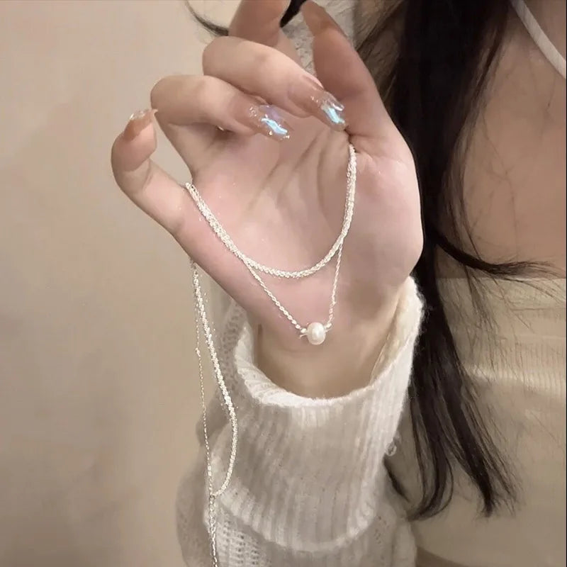 925 Sterling Silver Colar de Pérolas Dupla Camada Cadeia de Colavícula Pingente Versátil Jóias Da Moda Presentes de Ano Novo