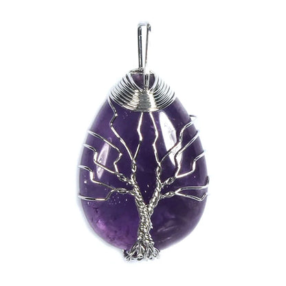 Pingente de Ágata com Cristais de Cura em Quartzo Rosa e Ametista Roxa Natural, com Design de Árvore da Vida e Gota de Água, Enrolado em Arame, Joia para Mulheres