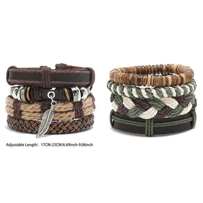 Pulseira de couro boêmio masculina, pulseira tecida à mão, pulseira de contas de madeira para homens, pulseira com pingente, joias masculinas