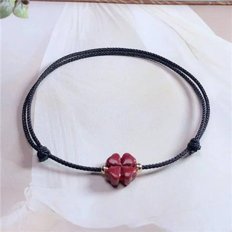 Cinábrio sorte trevo de quatro folhas corda vermelha frisado pulseiras para mulheres homens artesanal trançado vermelho preto corda sorte pulseira jóias