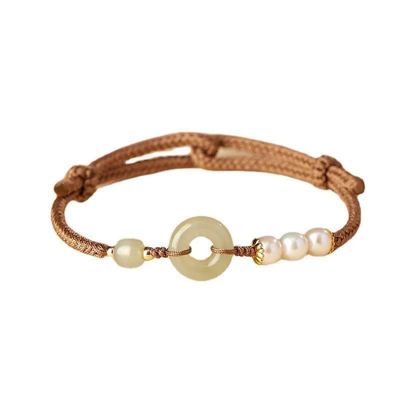 Pulseira de Jade Hetian Estilo Chinês com Fivela da Paz da Sorte para Mulheres, Corda Marrom Damasco Tecida à Mão, Pérola de Concha, Joia da Bênção e Fortuna