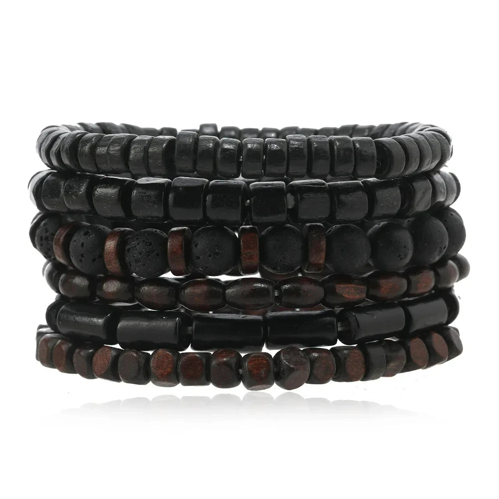 Pulseira de couro boêmio masculina, pulseira tecida à mão, pulseira de contas de madeira para homens, pulseira com pingente, joias masculinas