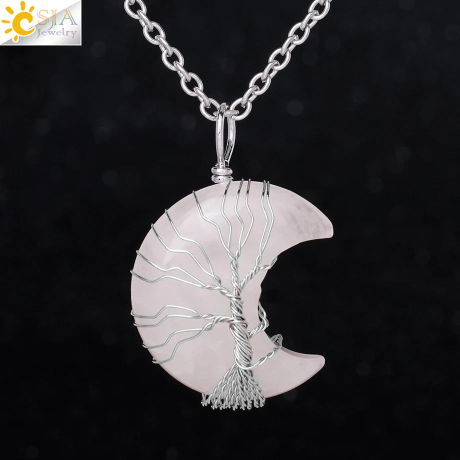 CSJA-Cristal Natural Colar de Pingentes, Lua Crescente Árvore da Vida, Quartzo Rosa, Natural Pedra Chip, Talão Pingentes de Resina, Jóias H151