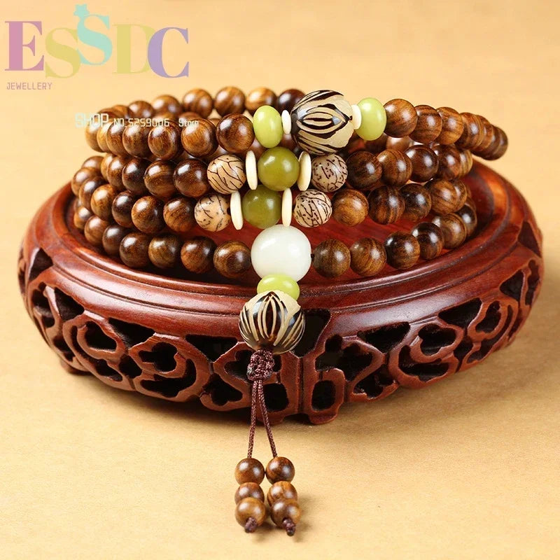 Mala de madera con Bodhi blanco y loto