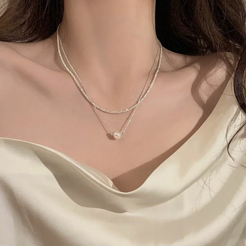 925 Sterling Silver Colar de Pérolas Dupla Camada Cadeia de Colavícula Pingente Versátil Jóias Da Moda Presentes de Ano Novo