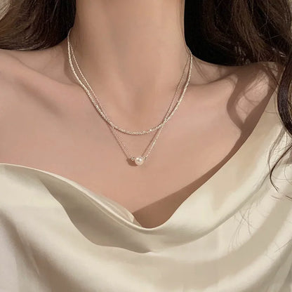 925 Sterling Silver Colar de Pérolas Dupla Camada Cadeia de Colavícula Pingente Versátil Jóias Da Moda Presentes de Ano Novo