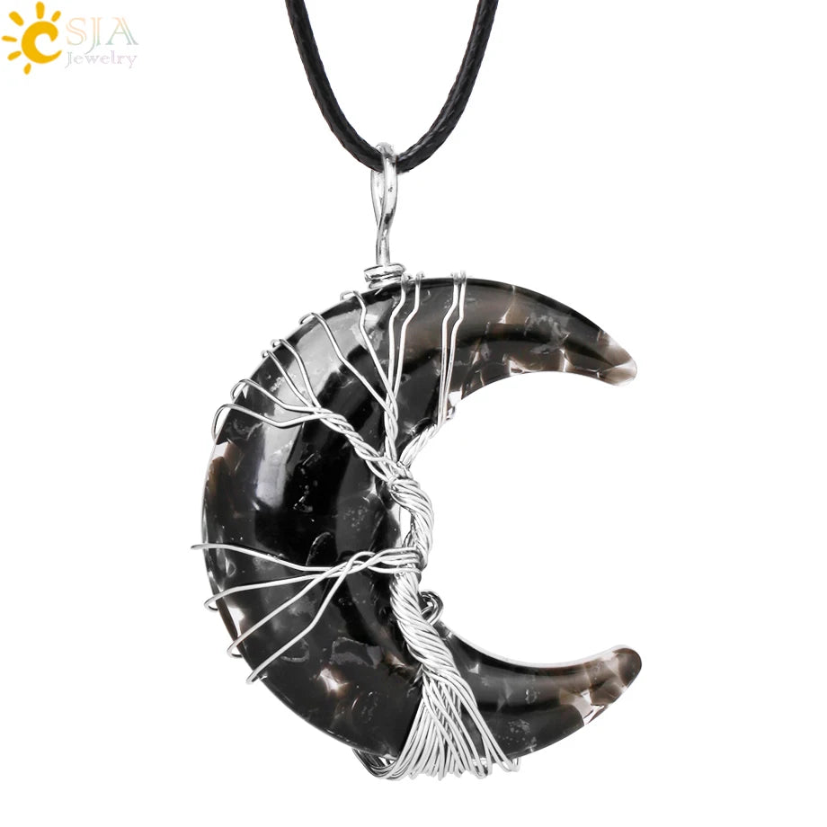CSJA-Cristal Natural Colar de Pingentes, Lua Crescente Árvore da Vida, Quartzo Rosa, Natural Pedra Chip, Talão Pingentes de Resina, Jóias H151