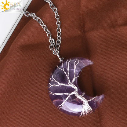 CSJA-Cristal Quartzo Rosa Natural Colar de Pingentes Mulher, Forma de Lua, Árvore da Vida, Pedra Natural, Pingentes Reiki, Jóias, G990