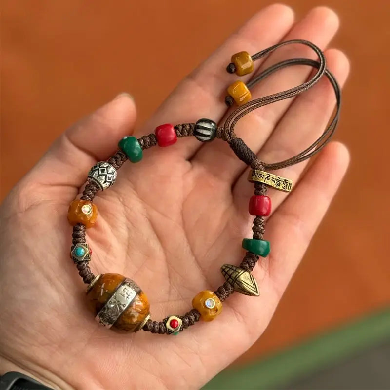 Pulseira de Bênção Estilo Tibetano Tradicional com Osso de Yak, Osso de Camelo, Conta Dzi, Turquesa, Ágata, Estrela, Lua e Bodhi - Joia da Sorte e Fortuna