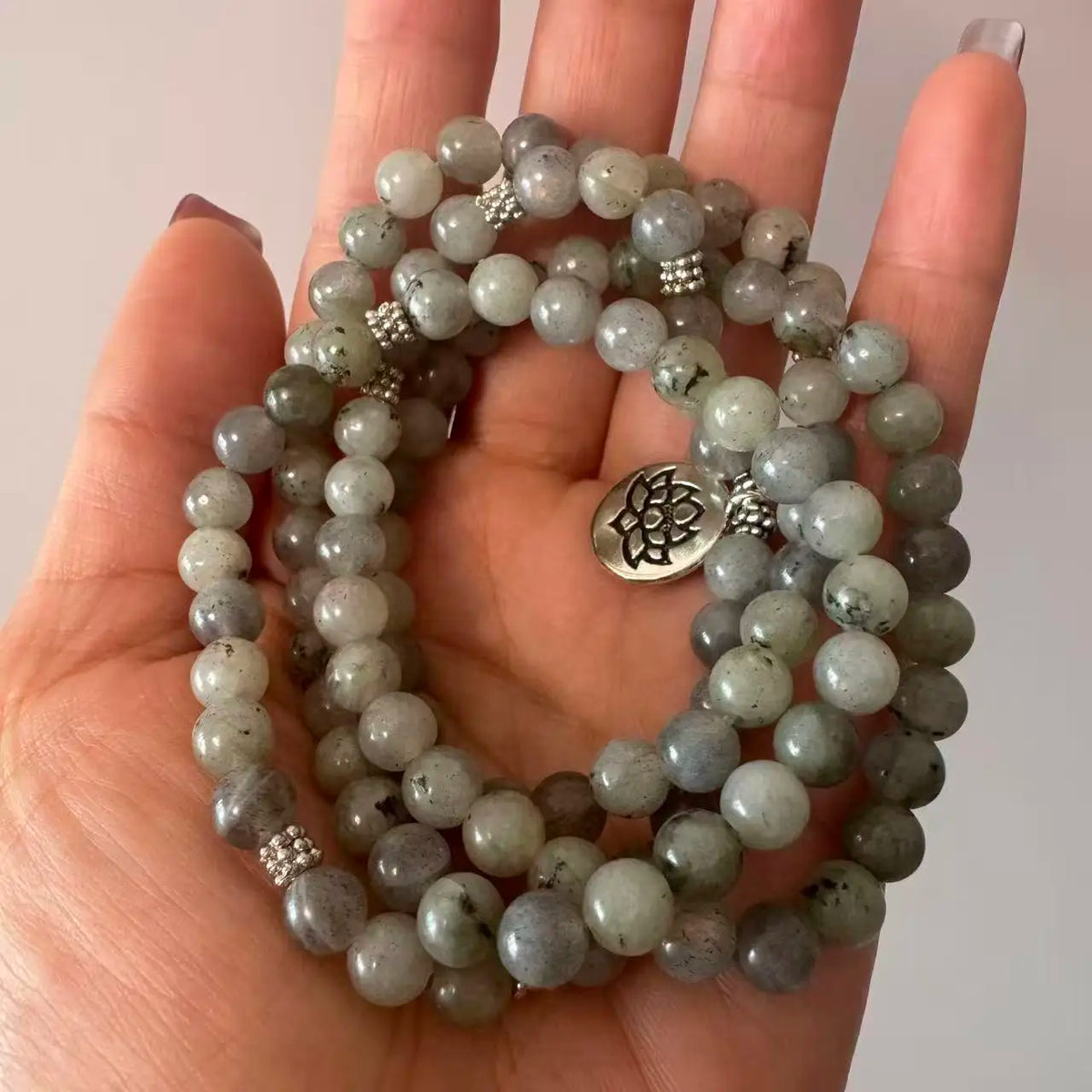 Labradorite 108 mala colar, pulseira envoltório estiramento