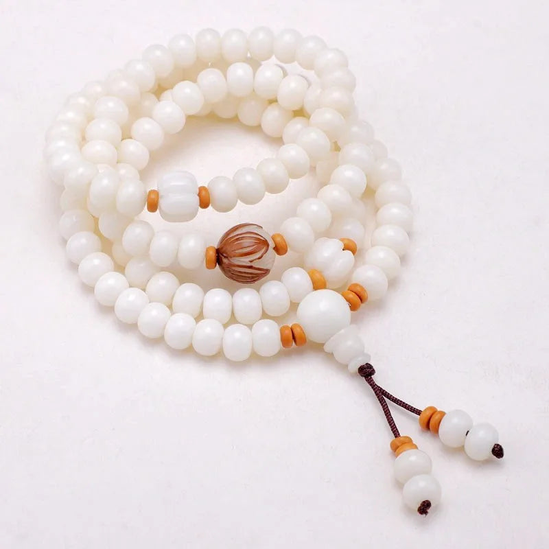 Pulseira de Raiz de Bodhi Natural com 108 Contas, Colar Budista, Contas de Bodhi de Jade Branco, Mala de Pulso Unissex com Acessórios Reais, Presentes