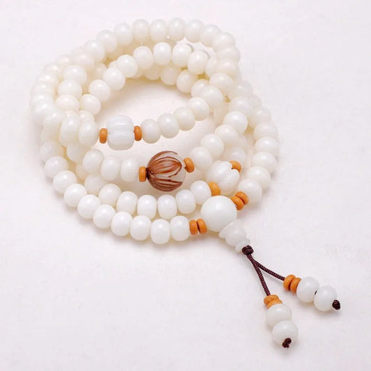 Pulseira de Raiz de Bodhi Natural com 108 Contas, Colar Budista, Contas de Bodhi de Jade Branco, Mala de Pulso Unissex com Acessórios Reais, Presentes