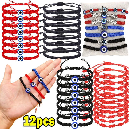 2/12 pçs artesanal turco sorte mau olhado pulseiras para mulheres homens olhos azuis trançado corda vermelha sorte pulseira amizade jóias