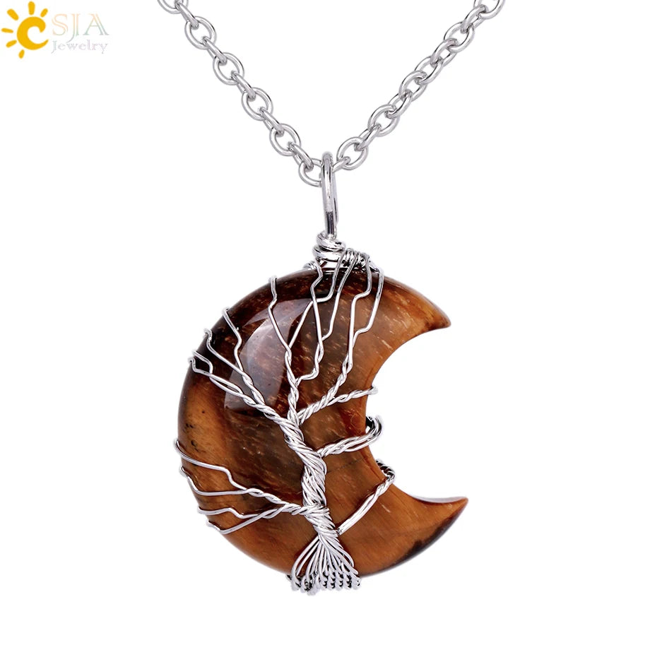 CSJA-Cristal Natural Colar de Pingentes, Lua Crescente Árvore da Vida, Quartzo Rosa, Natural Pedra Chip, Talão Pingentes de Resina, Jóias H151