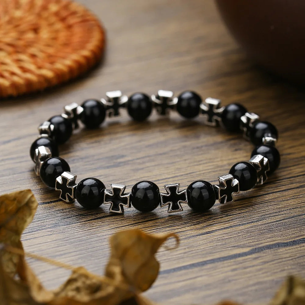 Moda vintage cruz frisado pulseiras para homens proteção de saúde ins estilo retro fosco pedra pulseiras na mão