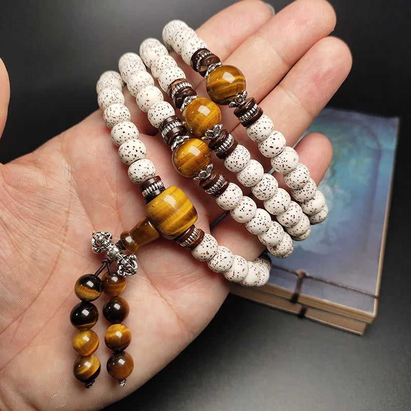 Pulseira e colar de contas de oração com pedra olho de tigre e estrela e lua, semente de Bodhi de Hainan, 108, unissex, budista