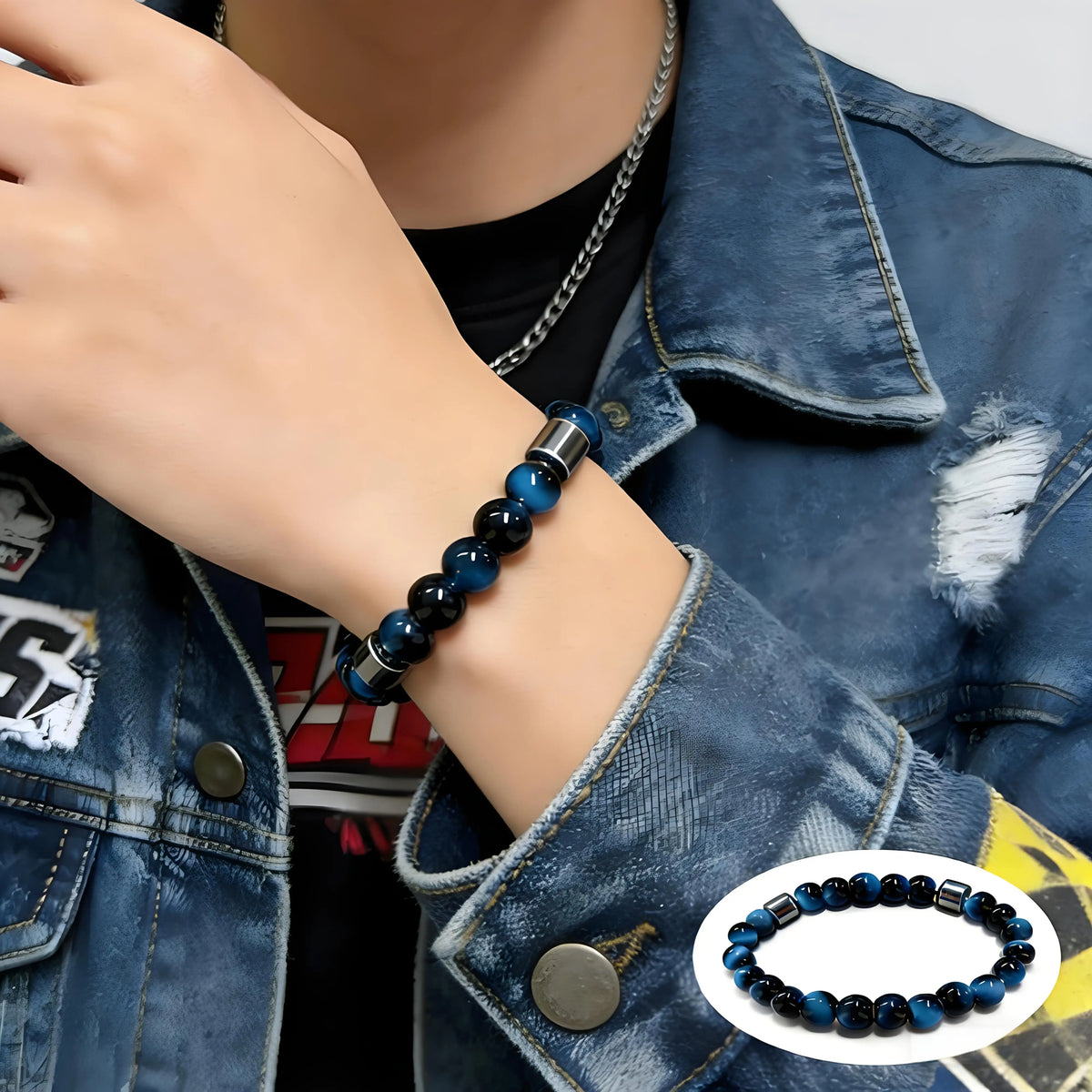 1PC Pulseira Elástica Minimalista Unissex - Synth. Contas de Olho de Tigre Azul e Pedra Preta, Uso Diário, Presente para Família e Amigos
