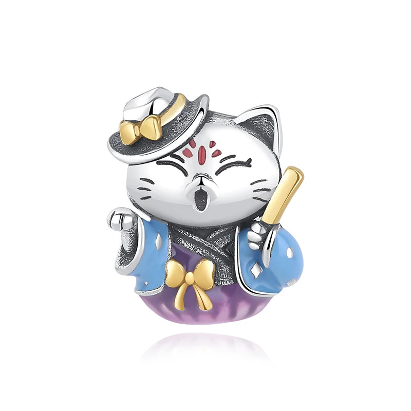 Charms Originais de Prata Esterlina 925, Pingente de Gato da Sorte, Boneca Japonesa, Presente de Ano Novo, Pulseiras e Colares para Mulheres, Joias