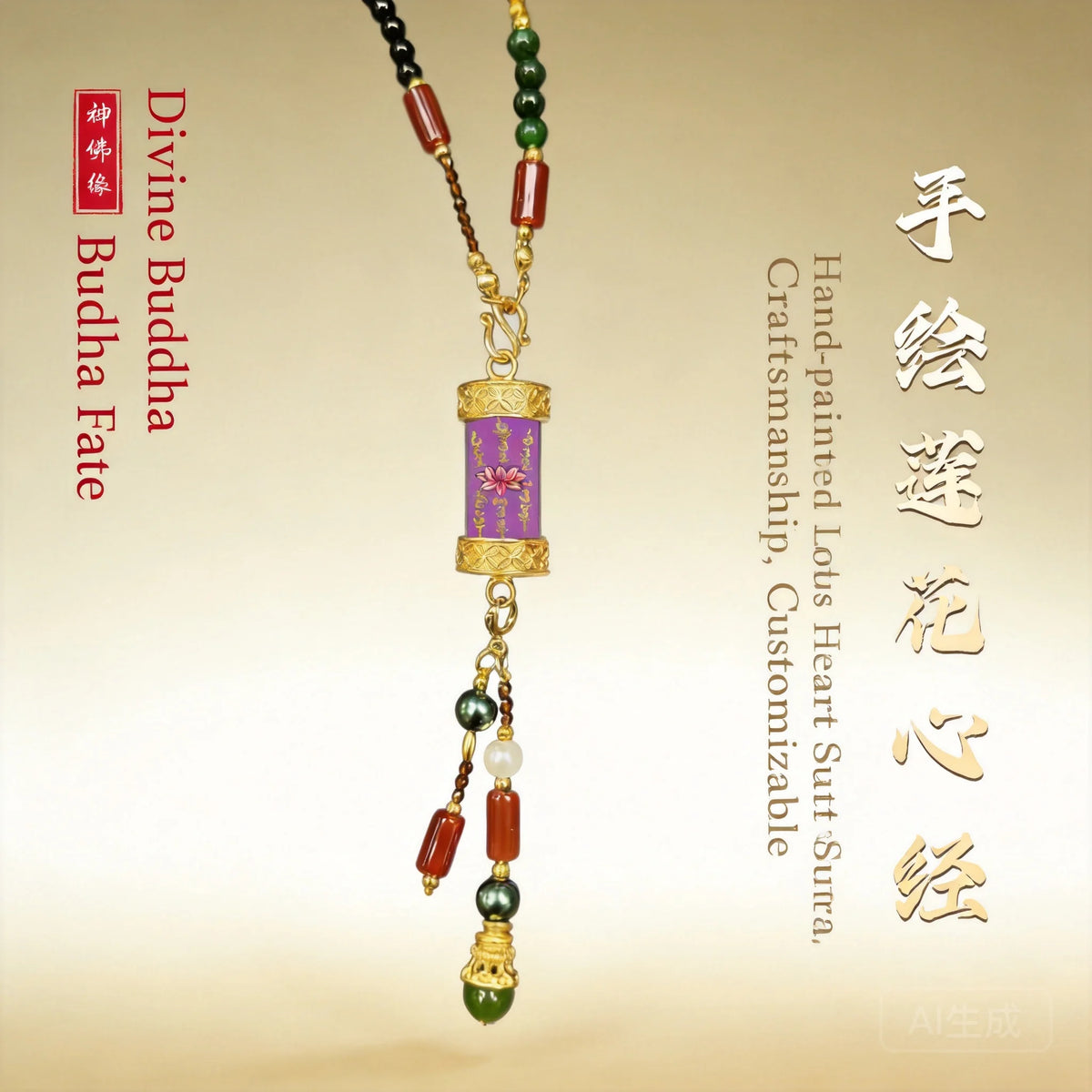 Colar Tibetano Tradicional Pintado à Mão com Sutra do Coração de Lótus, Amuleto Retrô Étnico da Sorte e Fortuna com Ágata