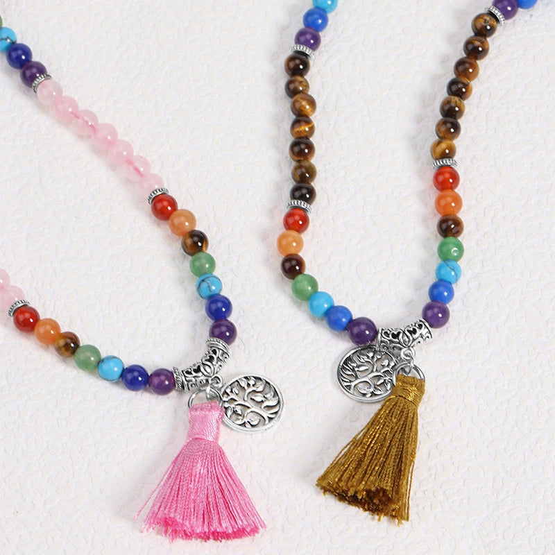 Pulseira de pedra preciosa natural, quartzo rosa, olho de tigre, 108 mala, contas de oração, envoltório de cura, 7 chakras, joias de meditação e662